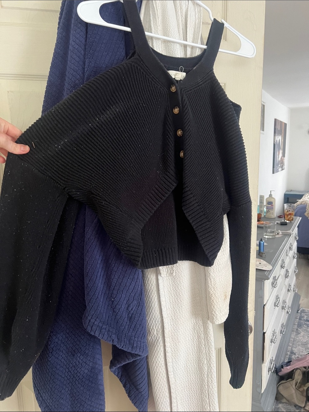 La Hearts Black Cold-Shoulder Button Front Sweater